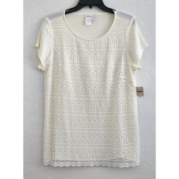 TOP/BLOUSE-COLDWATER CREEK-Cream-Lace Front-Short Sleeves-SIZE M (8-10) - Picture 1 of 10